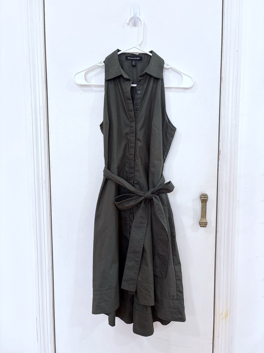 Banana Republic Olive Green Sleeveless Collared Tie-Waist Midi Dress